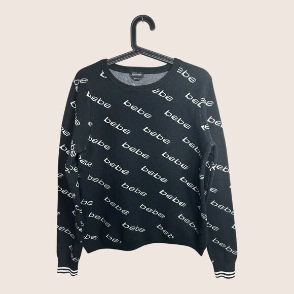 🖤 XL BEBE BLACK CLASSIC LOGO ALL OVER PRINT CREWNECK PRINT SWEATER TOP Y2K VTG - Picture 1 of 5